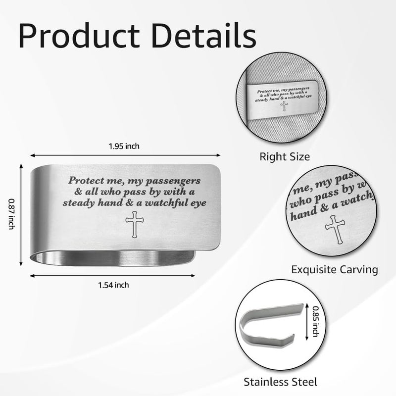 PUVOXHO Protect Me My Passengers and All Who Pass by Engraved Stainless Steel Car Visor Clip, Reminder to Stay Safe, Safe Driving Religious Gifts for Family Friend Taxi Driver, New Driver Gifts - Image 2